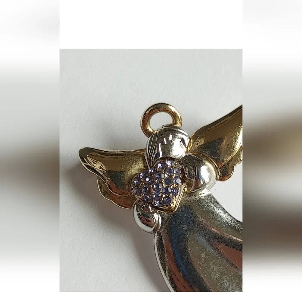 Vtg Signed LC Liz Claiborne Two Toned Angel Holding Purple Crystal Heart Brooch - Picture 10 of 11
